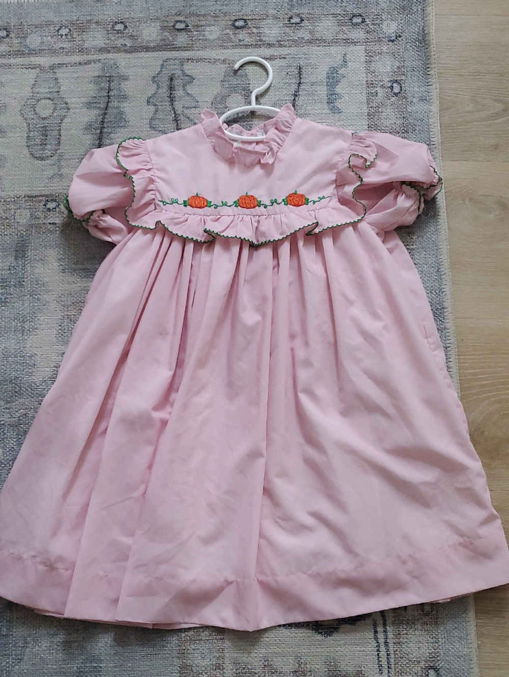 Smockingbird Girls Pink Ruffle Embroidered Pumpkin Dress Sz6
